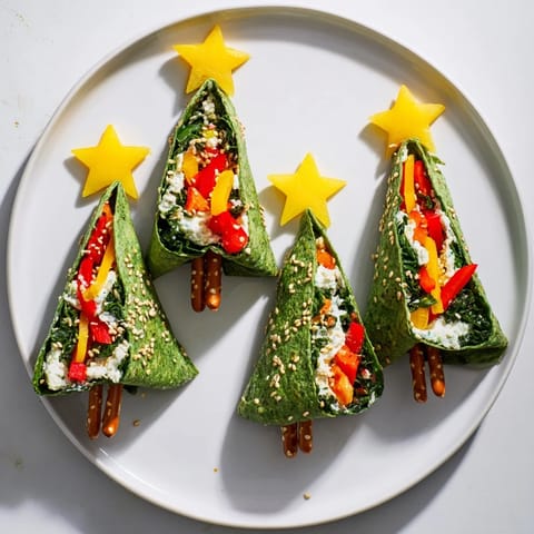 Golden-brown, air fried Christmas Tree Veggie Tortilla Wraps, ready to serve with pretzel "trunks" and colorful veggies.