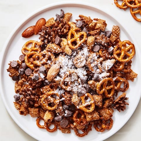 Golden-brown Festive Pine Cone Snack Mix piled high, ready to be served at your party.