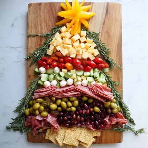 Festive Christmas Tree Snack Board with a star topper, full of party-ready cheeses and crackers.