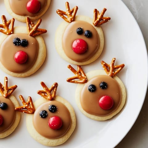 Freshly baked Santa's Reindeer Cookies, frosted and adorned, creating a lovely holiday dessert.