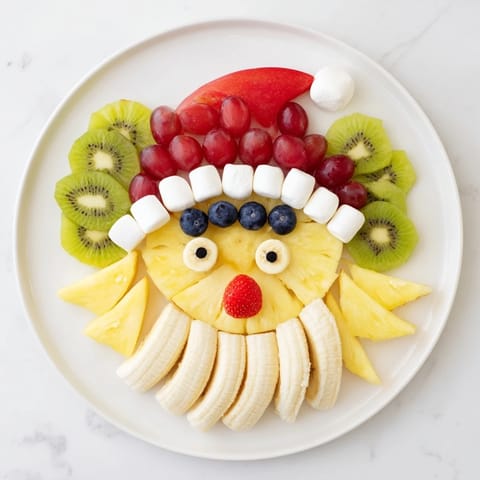 Holiday-ready Santa fruit platter, with a banana face and cheerful red grape mouth.