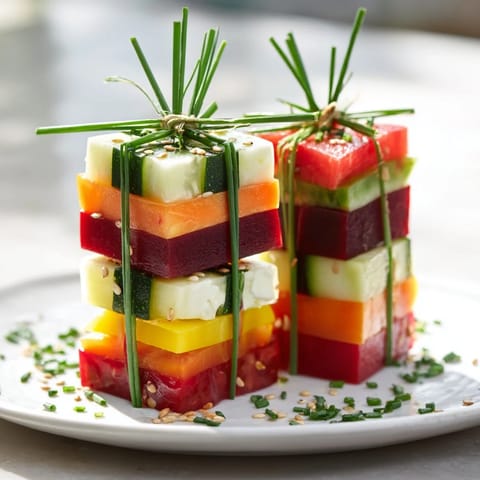 Holiday-ready stacked gift box veggie cubes, a delicious and easy appetizer with crunchy bell peppers and feta.