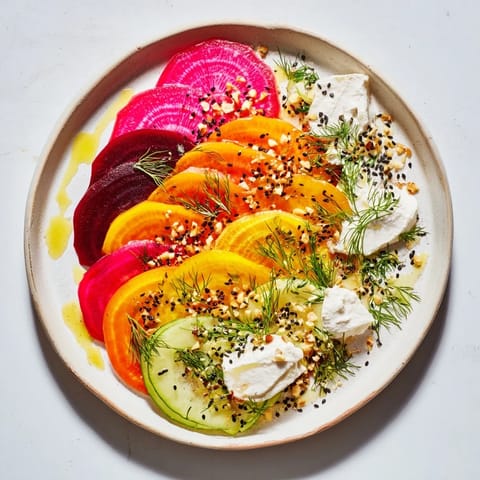 The appealing Kinetic Motion Blur features a colorful veggie arrangement with creamy goat cheese dollops.