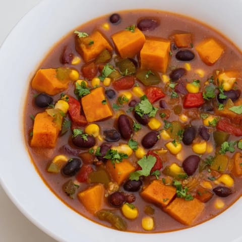 A hearty, vegetarian Smoky Sweet Potato Chili with visible chunks of sweet potato and beans, ready to eat.