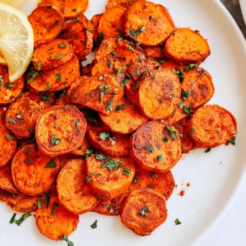Oven-baked Cajun roasted sweet potatoes with a vibrant red hue, perfectly seasoned for delicious flavor.