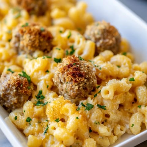 Mac Cheese Meatball Bake