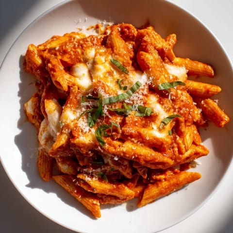 A close-up of cheesy, savory Baked Penne Arrabbiata, ready to serve with fragrant basil.
