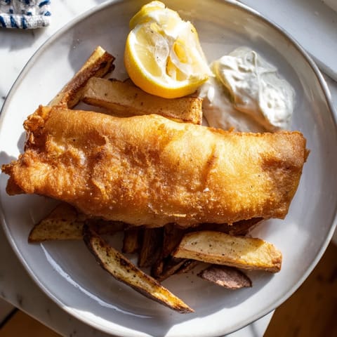 This photo features perfectly fried British fish and chips, with flaky fish and golden chips, ready to eat.