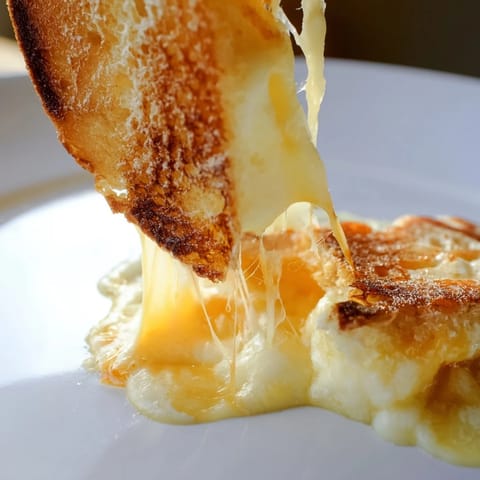 Triple Cheese Sourdough Grilled Cheese on a plate with a bowl of tomato soup, perfect for a cozy American lunch.  