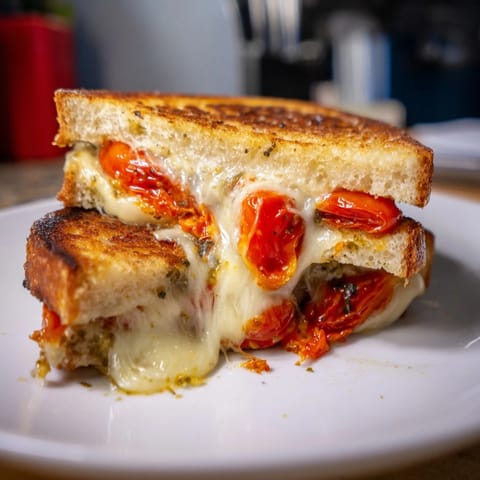 A close-up view of the crispy sourdough exterior of Roasted Tomato Pesto Grilled Cheese, drizzled with fresh basil pesto.