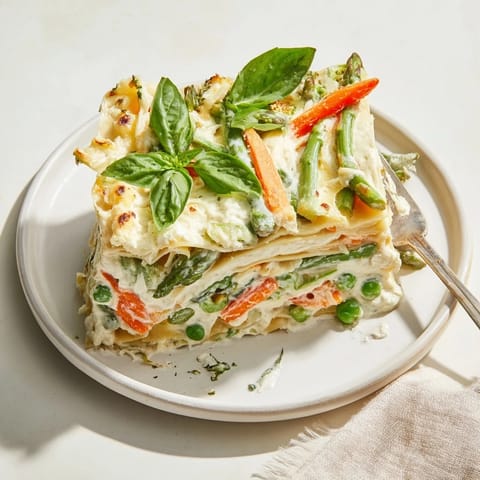 Freshly baked Spring Veggie Alfredo Lasagna served hot from the oven, garnished with bright basil leaves and melted cheese on top.