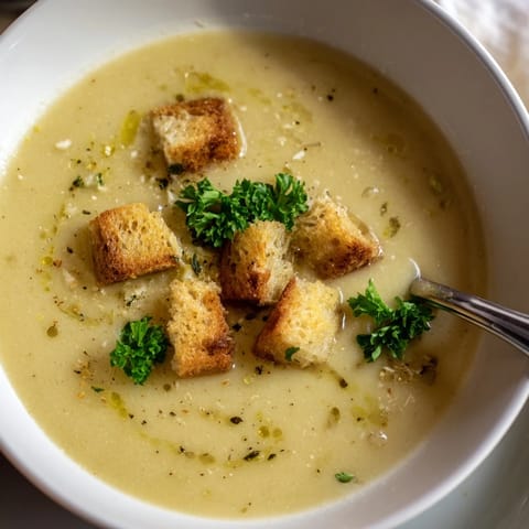 Deep golden roasted garlic is blended into this creamy soup, served hot in a rustic earthenware bowl.  