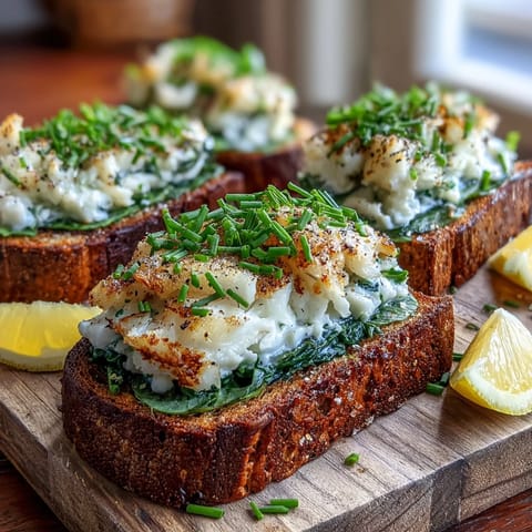 A close-up of Smoked Haddock and Spinach Rye Toasts, featuring fresh chives and lemon wedges on a rustic wooden board.