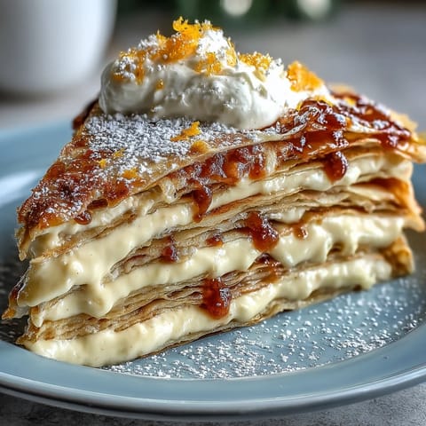 Fresh blood orange slices and zest garnish the top of a layered Blood Orange Curd Crêpe Cake, served on a white plate ready for dessert.