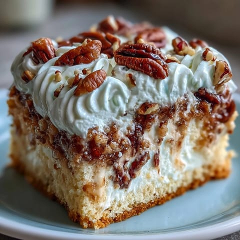 Chilled Butter Pecan Tres Leches Cake soaked in a creamy milk blend and topped with crunchy caramelized pecans.
