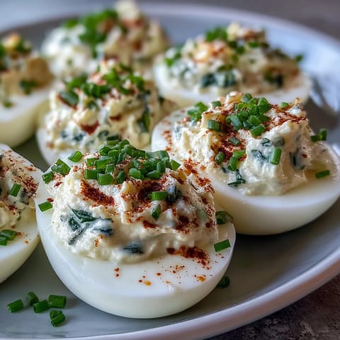 Platter of chilled Million Dollar Deviled Eggs garnished with paprika and chopped chives for a party appetizer.