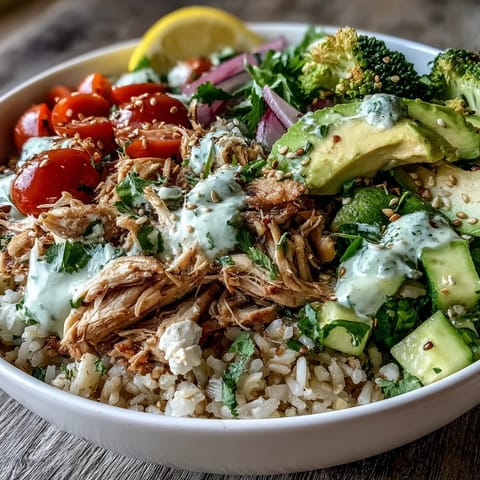 Tender rotisserie chicken and crisp broccoli florets combine in this colorful Rotisserie Chicken Bowl, drizzled with tangy tzatziki sauce.
