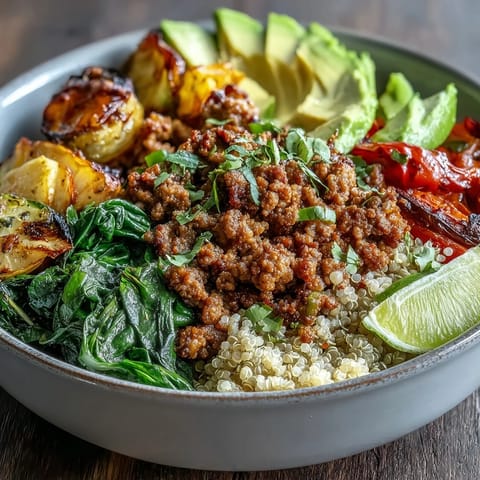 Close-up view of a wholesome Ground Turkey Bowl featuring seasoned meat, caramelized roasted veggies, and hearty whole grains topped with avocado.
