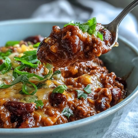 A comforting Chili Bowl Base topped with shredded cheddar, sour cream, and fresh cilantro garnish.