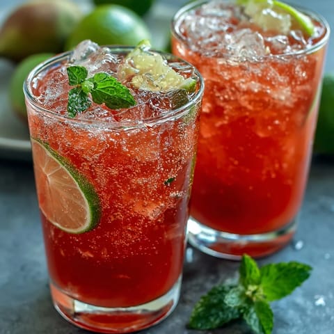 Sweet guava juice spritzer served over ice, garnished with aromatic mint leaves for a tropical twist.