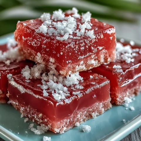 Freshly cut squares of Guava Cheese glistening with superfine sugar, served on a white plate next to a cup of masala chai.
