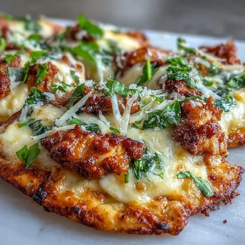 Crispy garlic naan base topped with Caesar-dressed chicken and bubbly mozzarella.