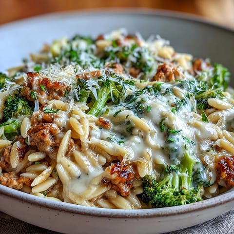 A close-up of Creamy Garlic Turkey & Broccoli Orzo in a skillet, with tender turkey, vibrant green broccoli, and a rich parmesan sauce.