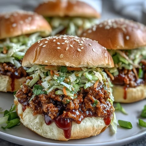 Two Korean Turkey Sloppy Joe Sliders are stacked with saucy turkey and tangy slaw, served on a checkered napkin.