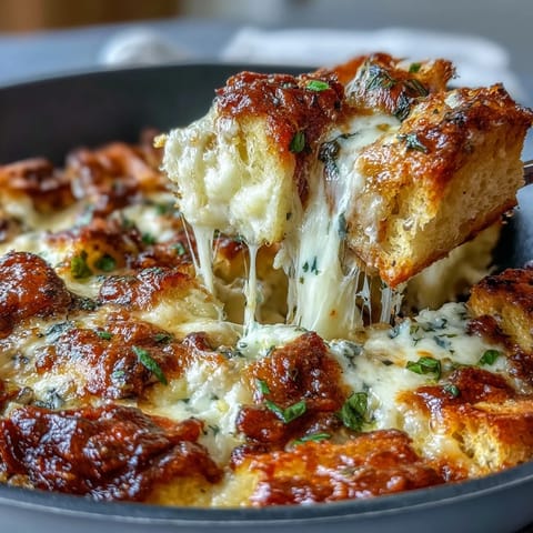 A rustic skillet filled with Cheesy Garlic Bread Lasagna, featuring golden baked bread, ricotta, and marinara with fresh parsley garnish.