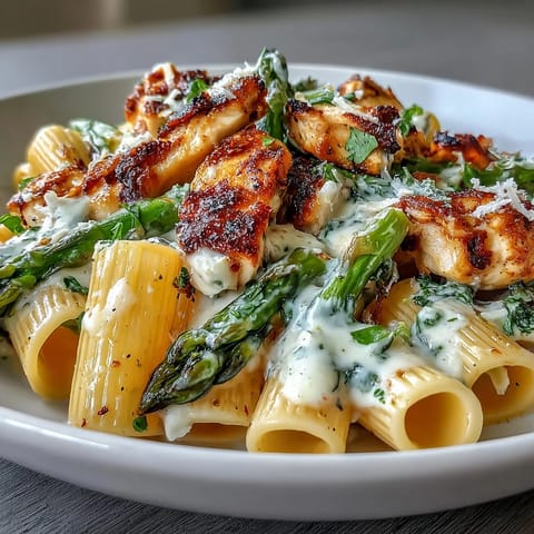 Tender chicken and cheesy roasted asparagus tossed in a creamy lemon sauce in this pasta dish.