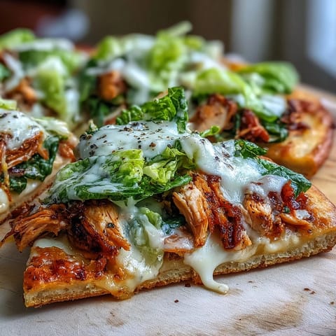 The warm naan base is piled high with seasoned, Caesar-dressed chicken.