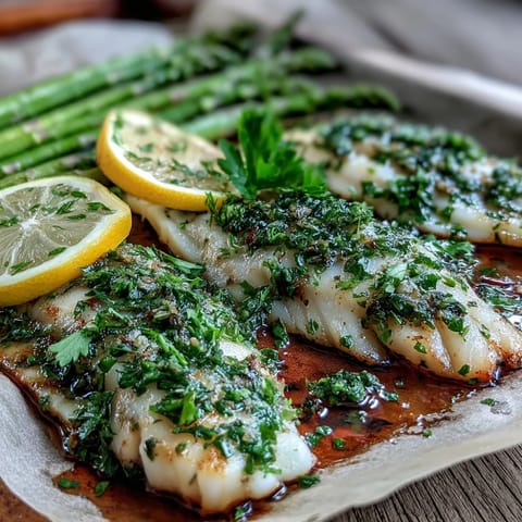 Golden-brown Lemon Herb Tilapia with steamed asparagus spears on a white plate, garnished with fresh parsley and lemon wedges.
