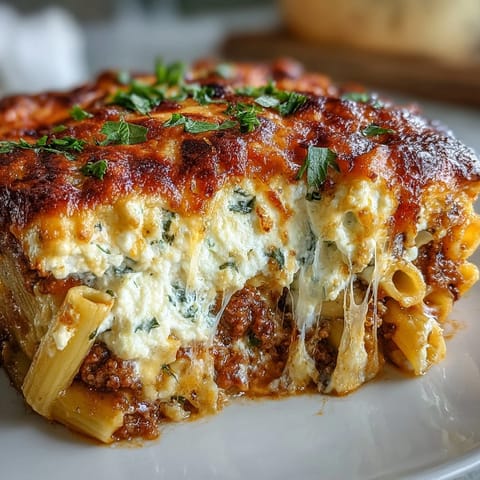 Golden-baked cottage cheese protein pasta bake with lean ground beef, served hot from the oven with a crispy cheese crust.  