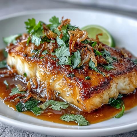 A golden, pan-seared fish fillet drizzled with a zesty chilli-lime sauce and sprinkled with fresh cilantro and crispy shallots.