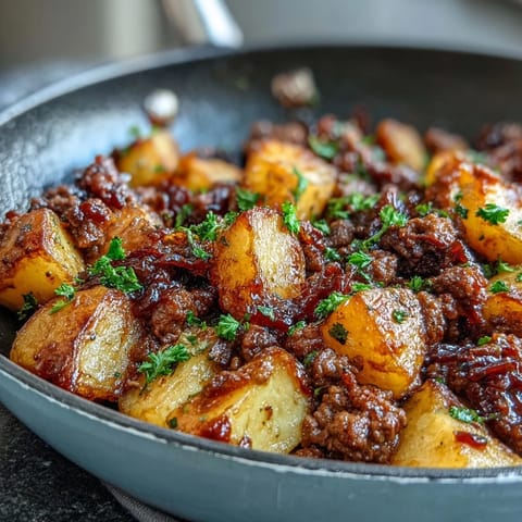 High Protein Ground Beef with Potatoes in a savory tomato sauce, golden potatoes and seasoned beef in one hearty skillet meal.