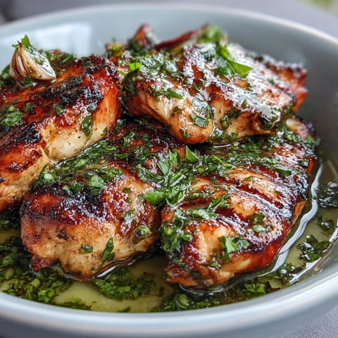 Juicy grilled chicken breast drizzled with vibrant chimichurri and creamy garlic sauce in a fresh, wholesome bowl.