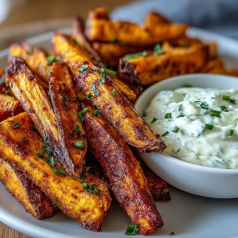 Air fryer sweet potato fries with onion dip served hot and crispy on a white plate.  