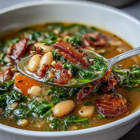 A steaming bowl of Ham and Kale White Bean Soup with tender ham, creamy beans, and vibrant kale in a savory broth.