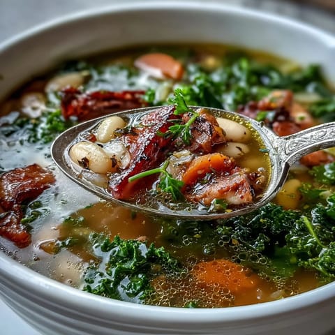 Rich and hearty Ham and Kale White Bean Soup featuring smoky ham, tender vegetables, and nutritious kale in a comforting winter meal.