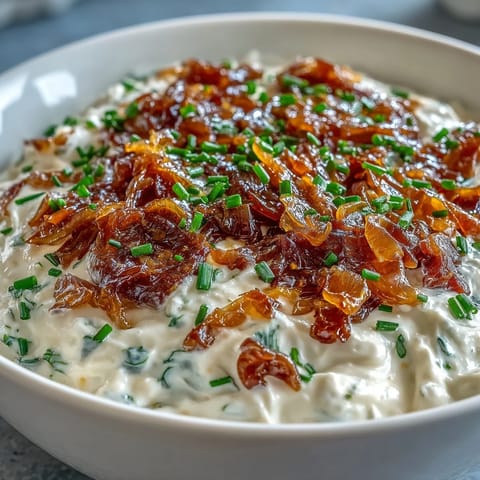 Rich and savory caramelized onion dip featuring tangy sour cream, perfect for dipping crunchy vegetables and buttery crackers.  
