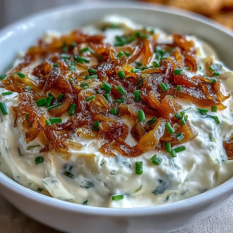 Rich and tangy caramelized onion dip featuring creamy Greek yogurt, garnished with fresh chives and ready for dipping.