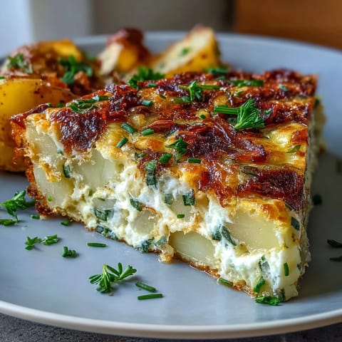 Fluffy egg frittata loaded with tender potatoes, fresh spring onions, and sharp cheddar cheese—ideal for any meal of the day.  