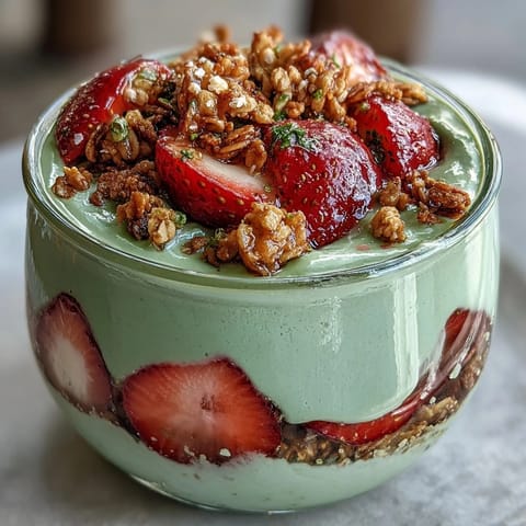Vibrant strawberry matcha yogurt parfait layered with fresh strawberries and crunchy granola, perfect for a healthy breakfast or refreshing snack.