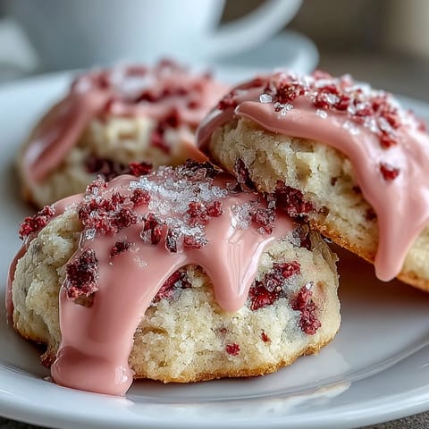 A close-up of soft strawberry sugar cookies with pink icing, each cookie topped with a glossy, vibrant glaze and sprinkles.  