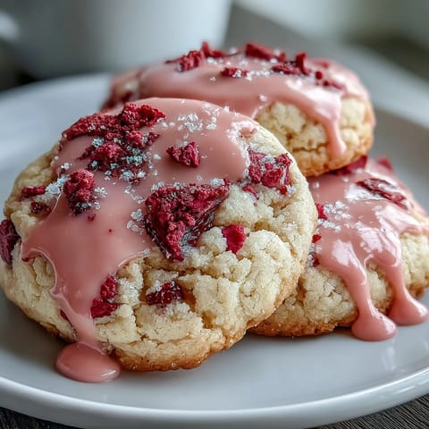 A stack of tender strawberry sugar cookies with melt-in-your-mouth texture, finished with a sweet pink strawberry icing drizzle.  