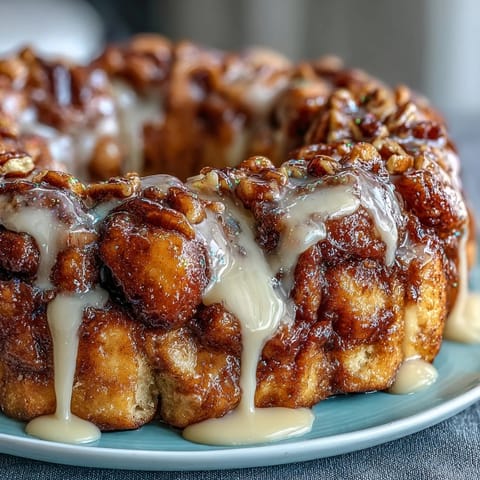 King Cake Pull-Apart Monkey Bread with Cream Cheese Icing, golden cinnamon dough balls layered with brown sugar and pecans, drizzled with rich cream cheese icing and festive purple, green, and gold sugars.