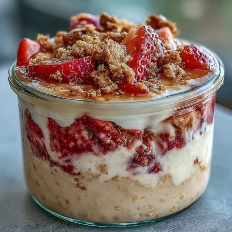 Strawberry cheesecake overnight oats with graham crumble in a glass jar, layered with creamy oats and fresh strawberries, topped with buttery graham cracker crumbs.