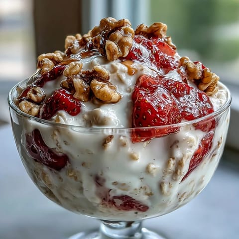 A delicious and nutritious bowl of Strawberry Banana Bread Overnight Oats with Walnuts, layered with fresh fruit and topped with extra nuts.
