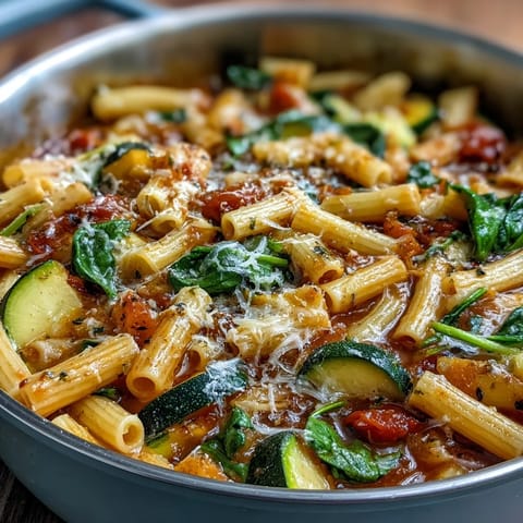A hearty one-pot budget-friendly pasta with colorful vegetables and Parmesan cheese, cooked to creamy perfection.