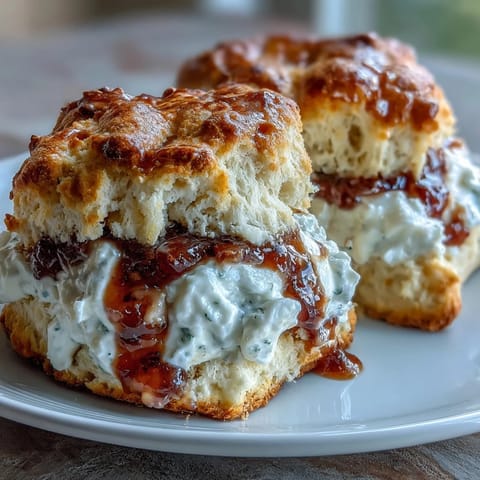 Golden scones split open and topped with rich clotted cream and vibrant strawberry jam for spring tea.